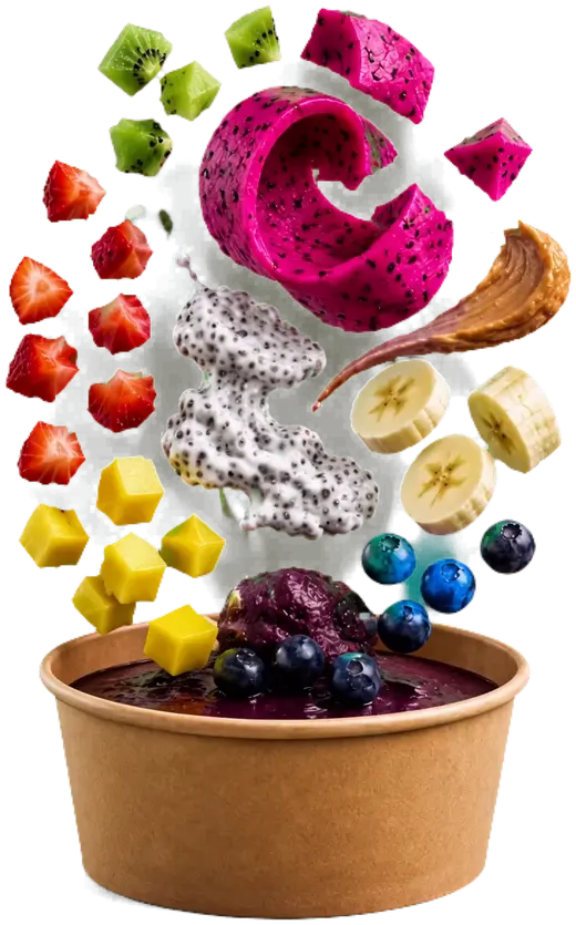 Bowl mit Drachenfrucht, Mango, Erdbeere, Banane, Kiwi und Granola