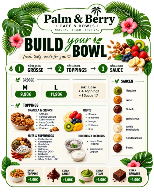 Karte: Build your Bowl — Größe M 9,90 € oder L 11,90 €, Toppings, Saucen und Extras