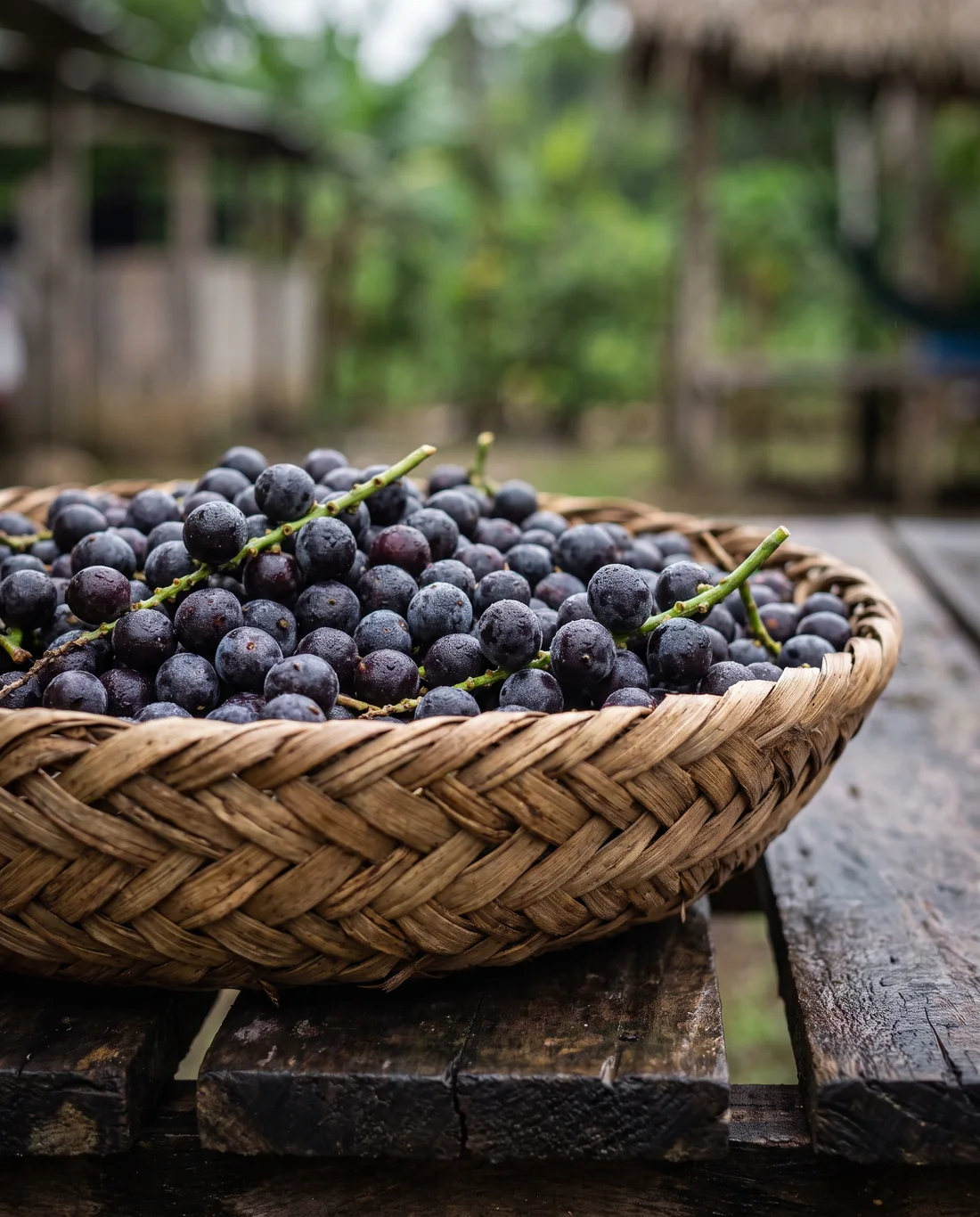 Handgeflochtener Korb voller frisch geernteter Açaí-Beeren auf dunklem Holz