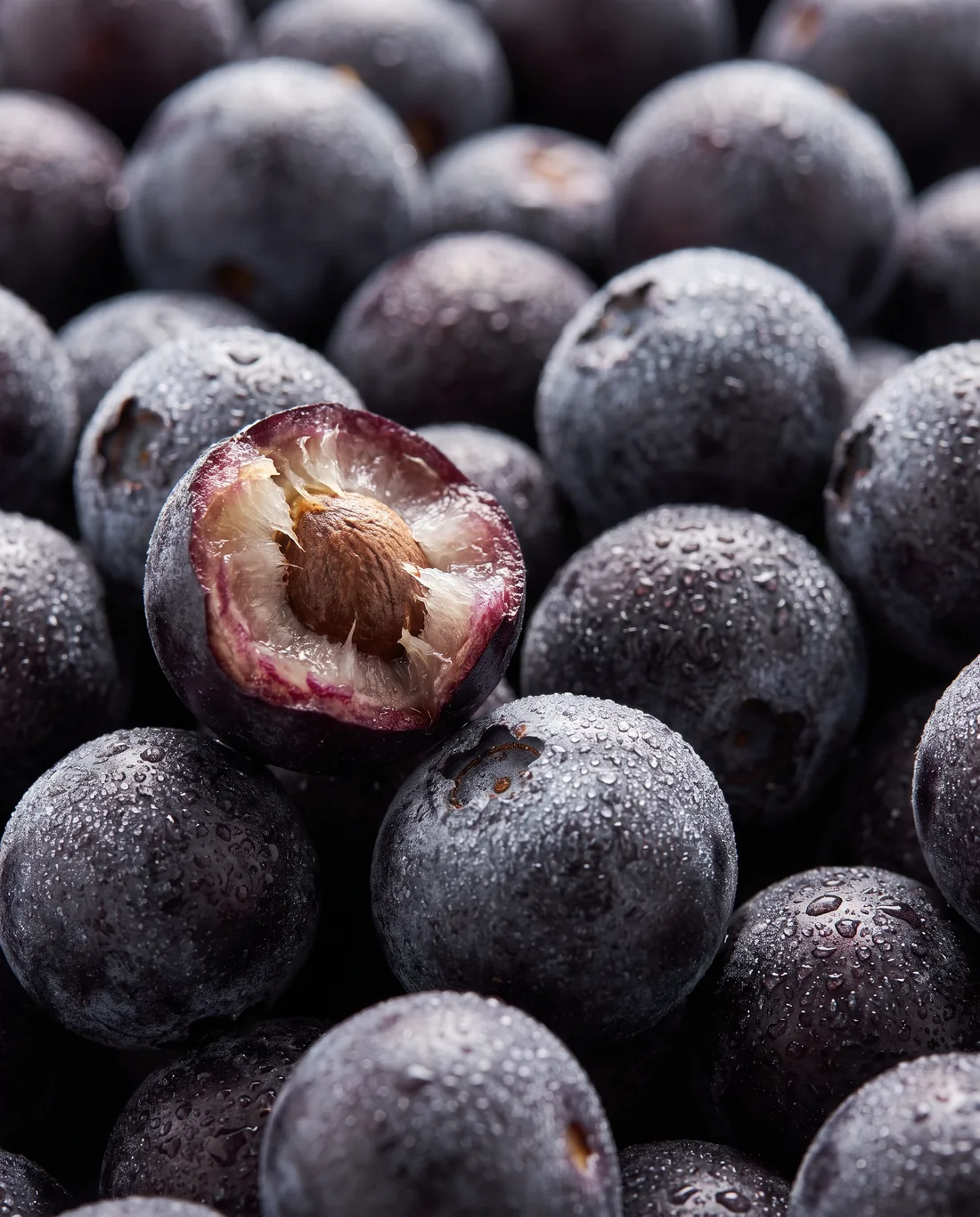 Makroaufnahme reifer Açaí-Beeren mit Tautropfen, eine Beere aufgebrochen