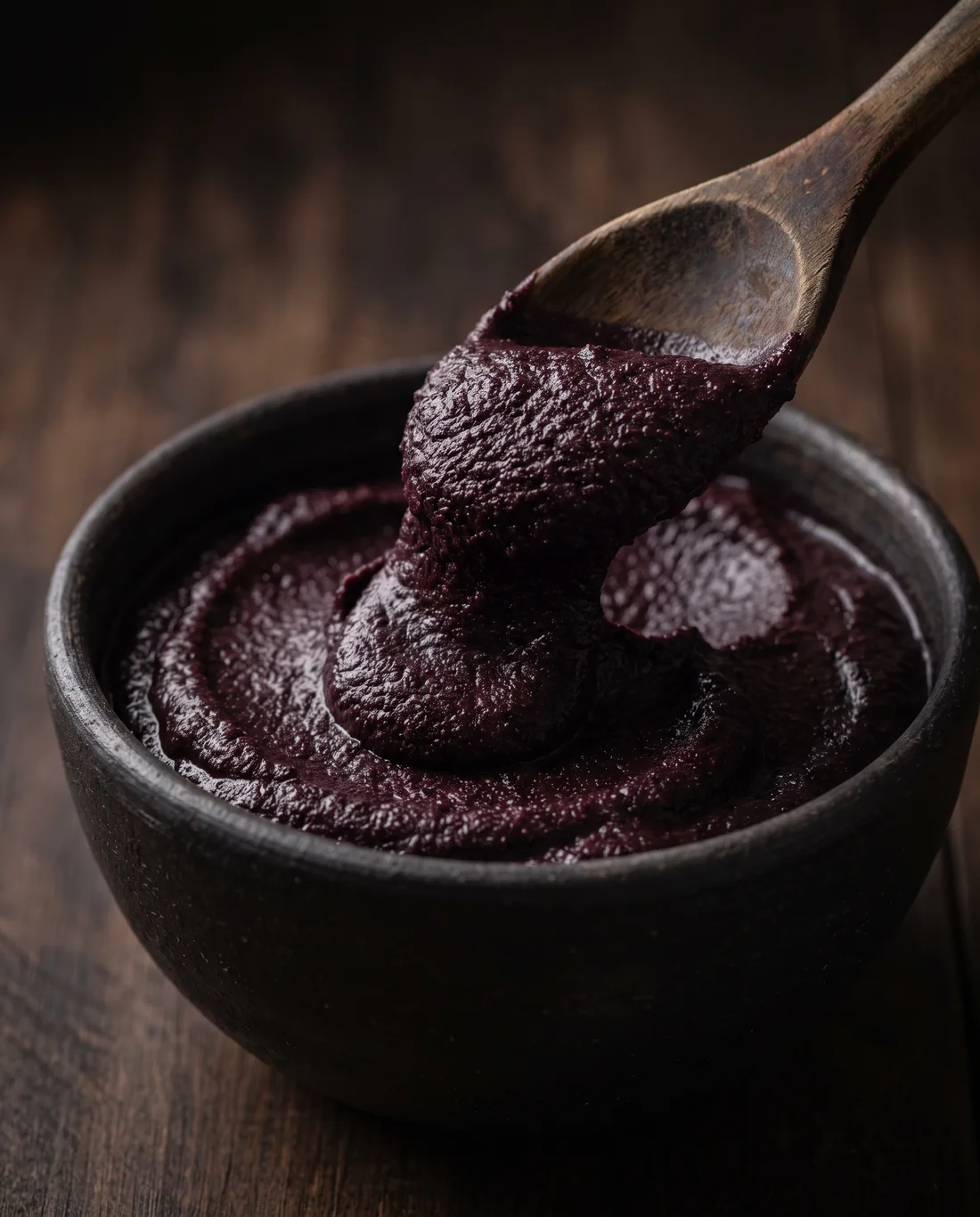 Dickes, tiefdunkles Açaí-Püree in einer Steingutschale, ein Holzlöffel hebt eine Portion heraus